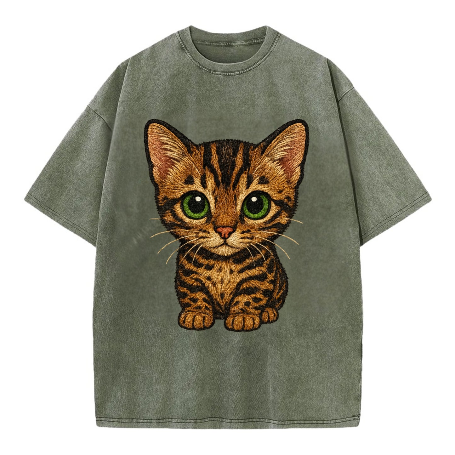 Baby Bengal Kitten - spotted/marbled wild coat, green eyes, athletic build, - Vintage T-shirt - Army Green