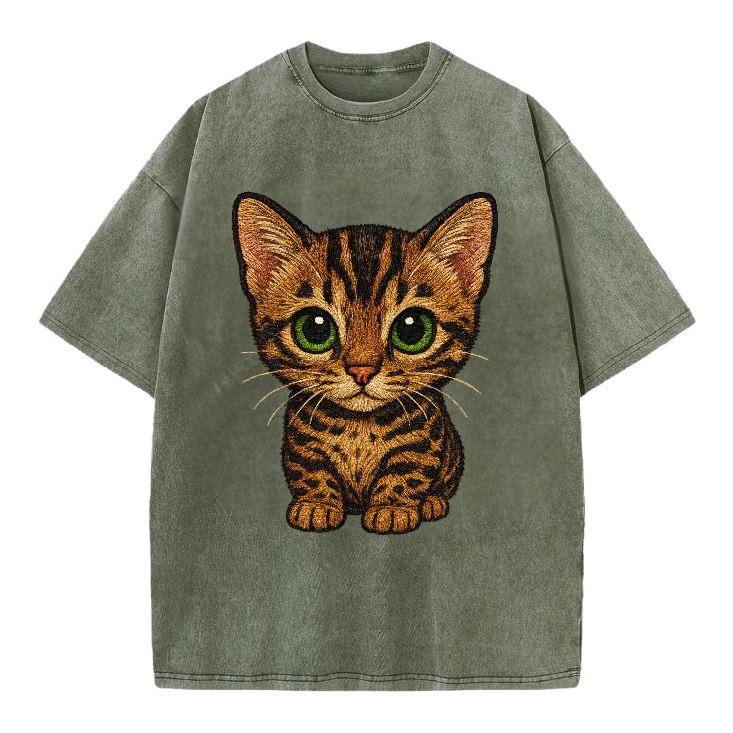 Baby Bengal Kitten - spotted/marbled wild coat, green eyes, athletic build, - Vintage T-shirt - Army Green