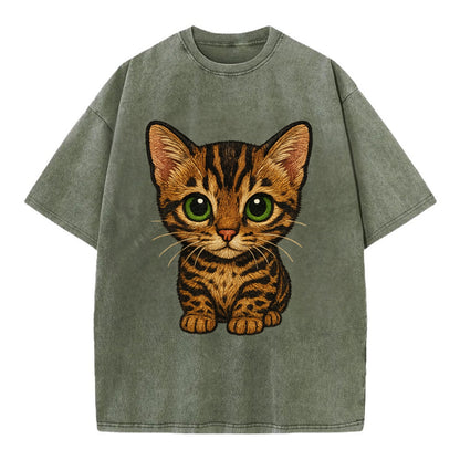 Baby Bengal Kitten - spotted/marbled wild coat, green eyes, athletic build, - Vintage T-shirt - Army Green