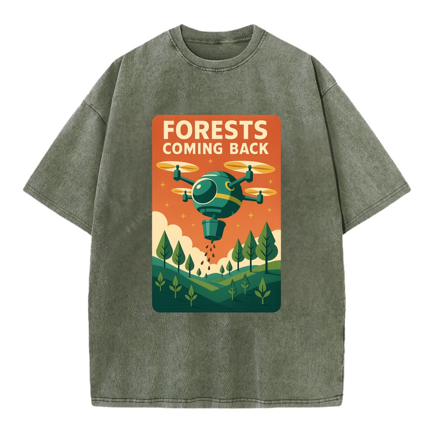 Reforestation drone planting millions of trees - "Forests Coming Back" - nature - Vintage T-shirt - Army Green