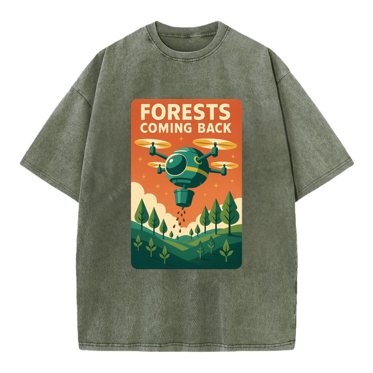Reforestation drone planting millions of trees - "Forests Coming Back" - nature - Vintage T-shirt - Army Green