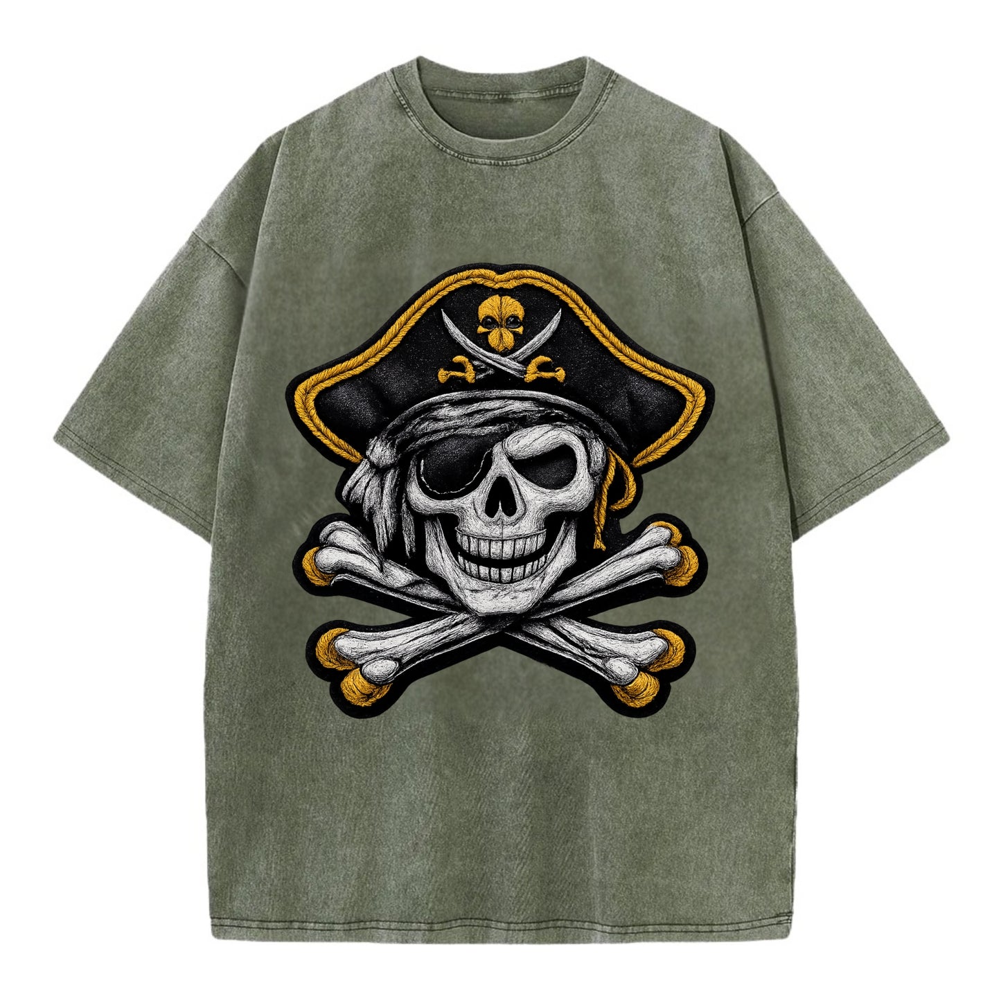 PIRATE SKULL - Jolly Roger skull in black and white , pirate - Vintage T-shirt - Army Green
