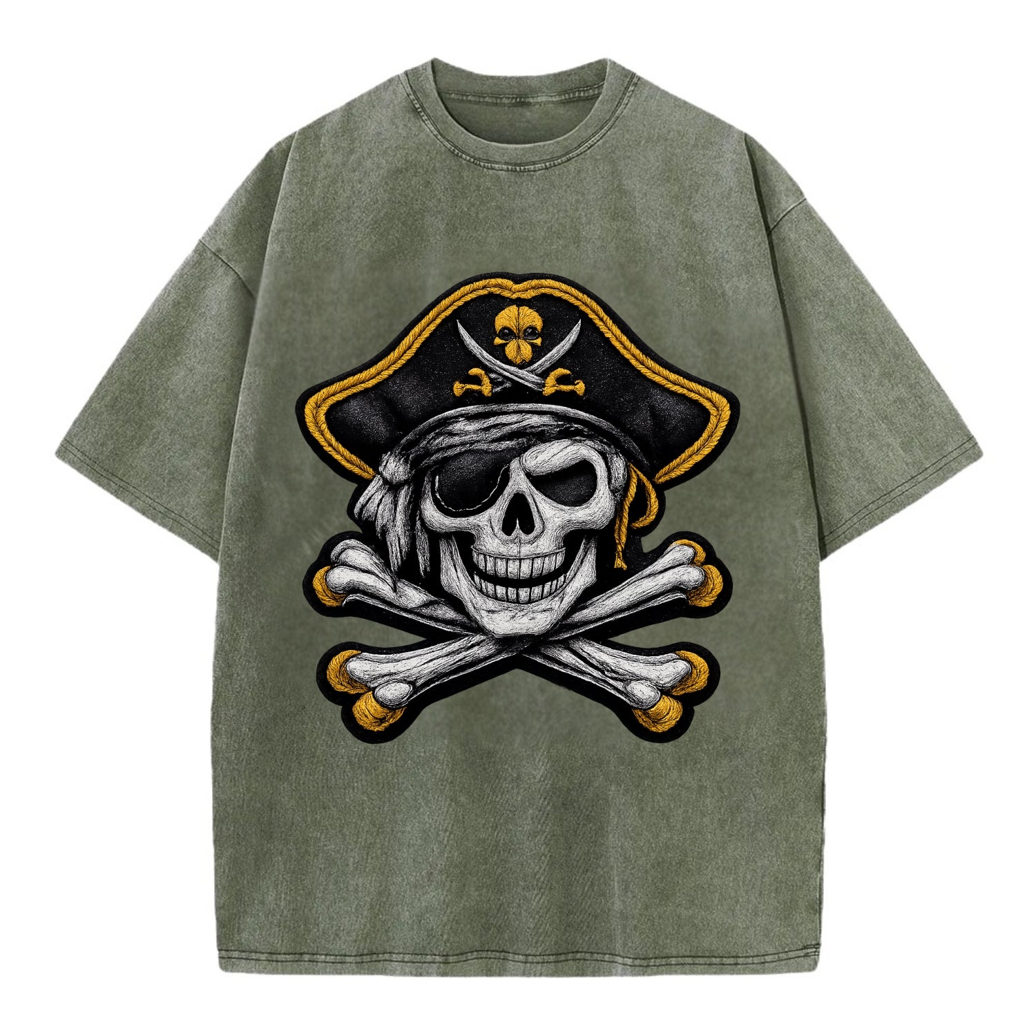 PIRATE SKULL - Jolly Roger skull in black and white , pirate - Vintage T-shirt - Army Green