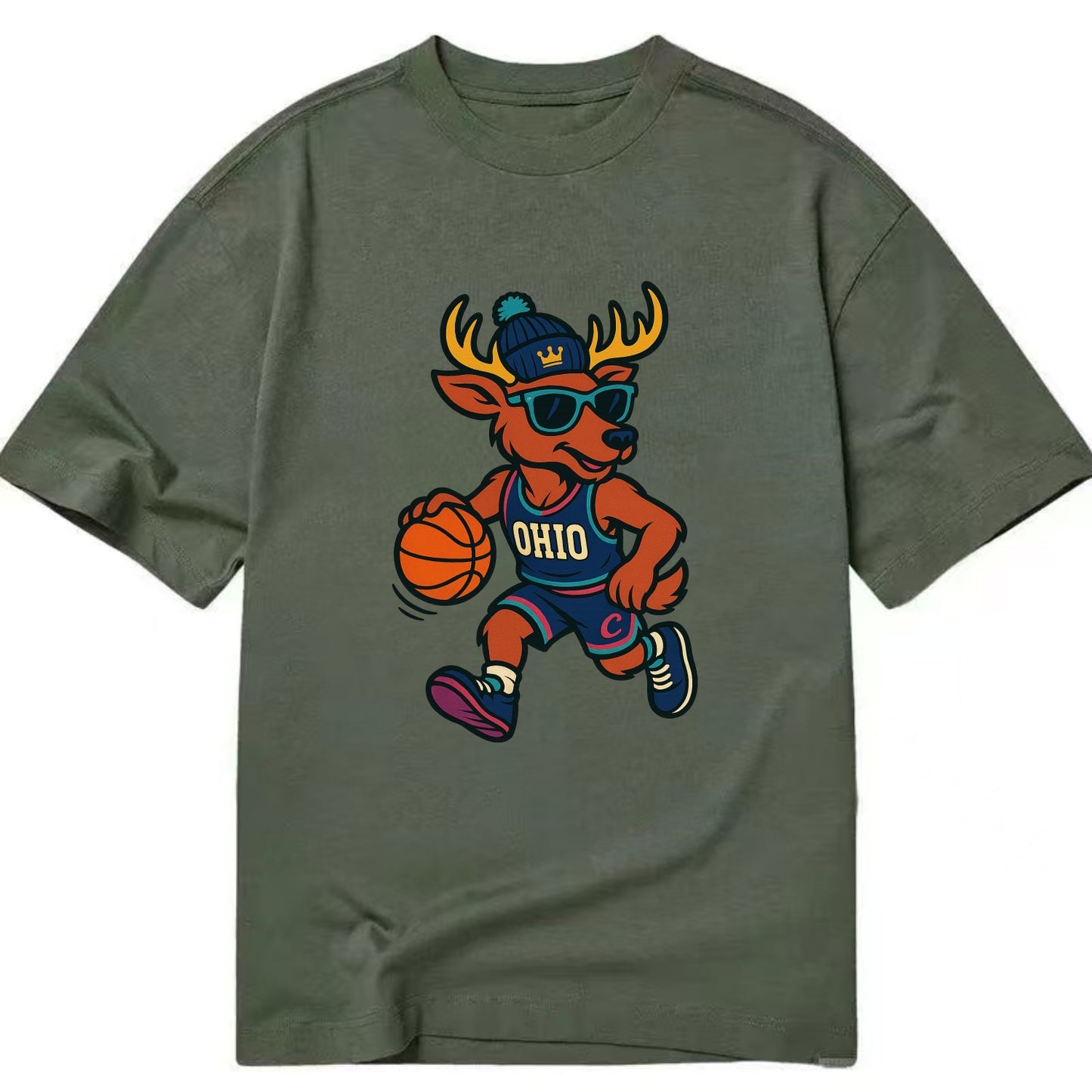 Ohio Deer wearing Cavs beanie with crown patch and wayfarer sunglasses - Classic T-shirt - Army Green