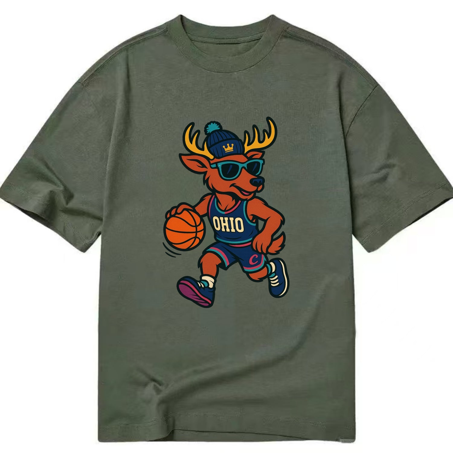 Ohio Deer wearing Cavs beanie with crown patch and wayfarer sunglasses - Classic T-shirt - Army Green