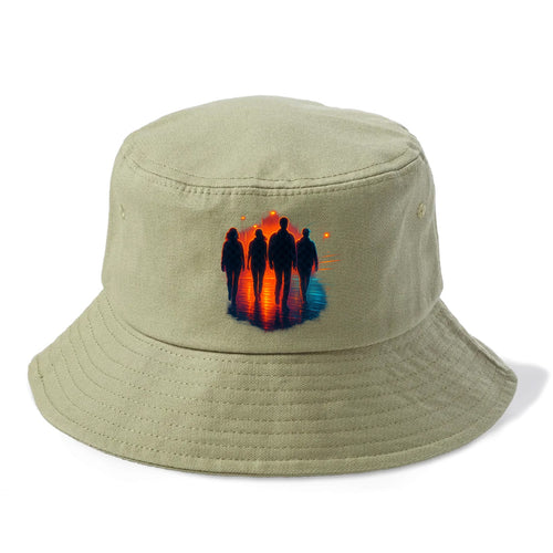gang of silhouettes walking together at sunset by the beach - Bucket Hat