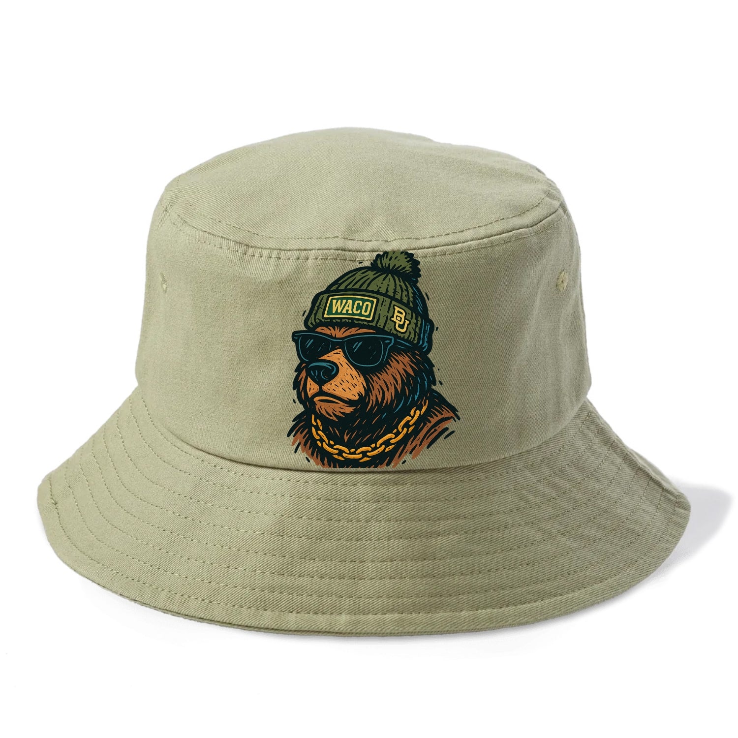 Waco Bear wearing Baylor beanie with BU patch - Bucket Hat - Army Green