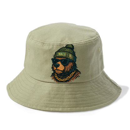 Waco Bear wearing Baylor beanie with BU patch - Bucket Hat - Army Green