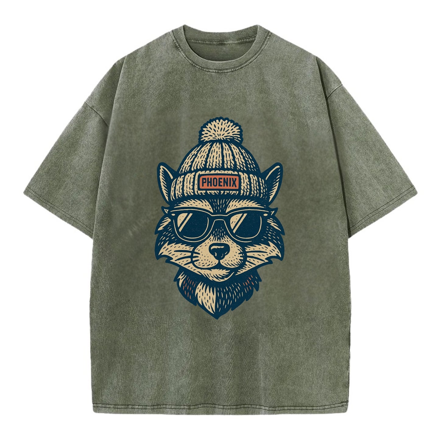 Arizona Ringtail wearing Phoenix beanie with pom pom and wayfarer sunglasses - Vintage T-shirt - Army Green