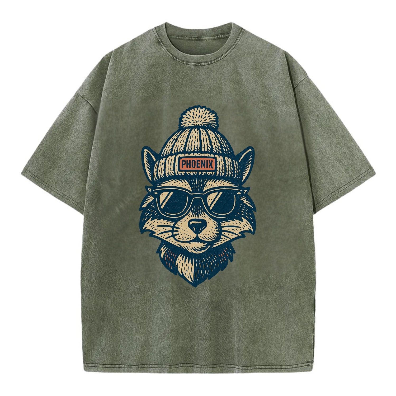 Arizona Ringtail wearing Phoenix beanie with pom pom and wayfarer sunglasses - Vintage T-shirt - Army Green