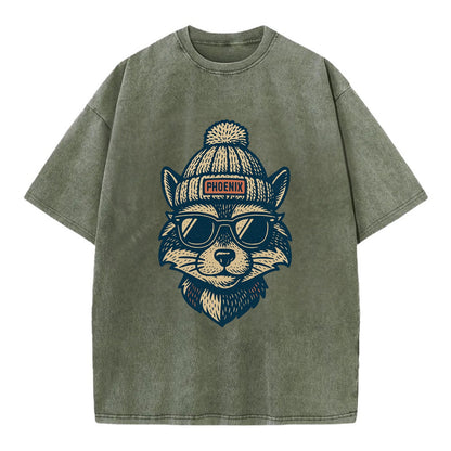 Arizona Ringtail wearing Phoenix beanie with pom pom and wayfarer sunglasses - Vintage T-shirt - Army Green