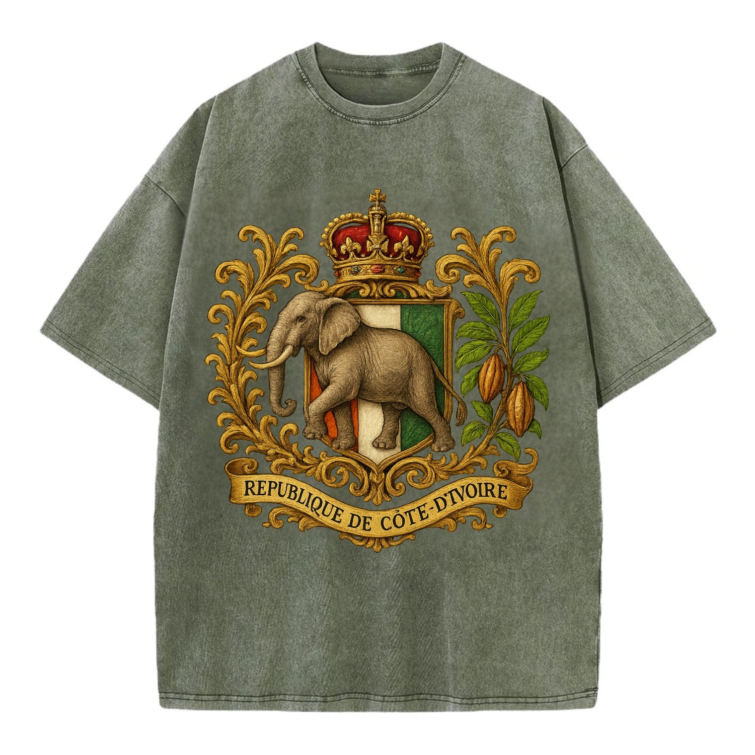 Ivory Coast Heritage Badge  - Vintage T-shirt - Army Green