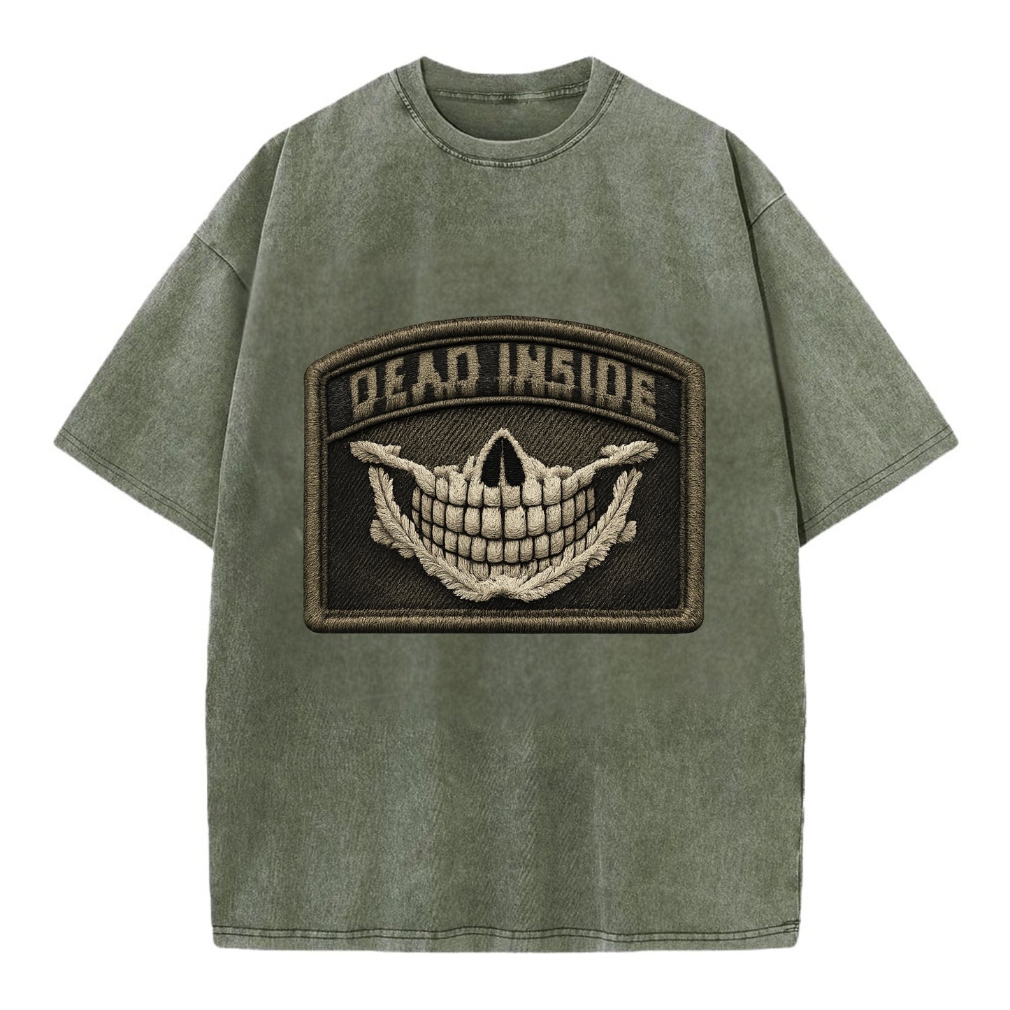 DEAD INSIDE SMILE - skeleton smile in white , dark humor - Vintage T-shirt - Army Green