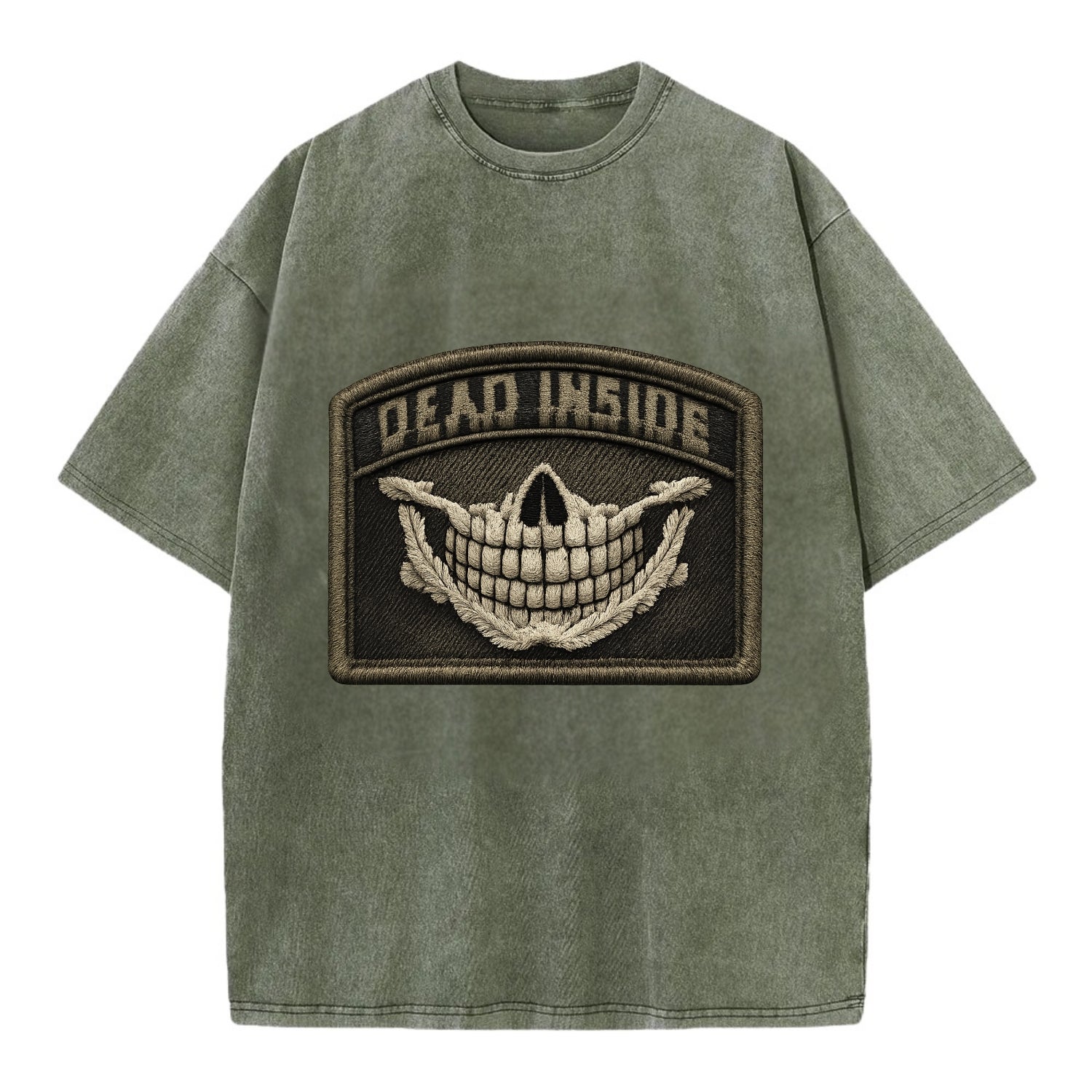 DEAD INSIDE SMILE - skeleton smile in white , dark humor - Vintage T-shirt - Army Green