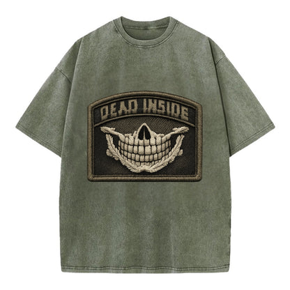 DEAD INSIDE SMILE - skeleton smile in white , dark humor - Vintage T-shirt - Army Green