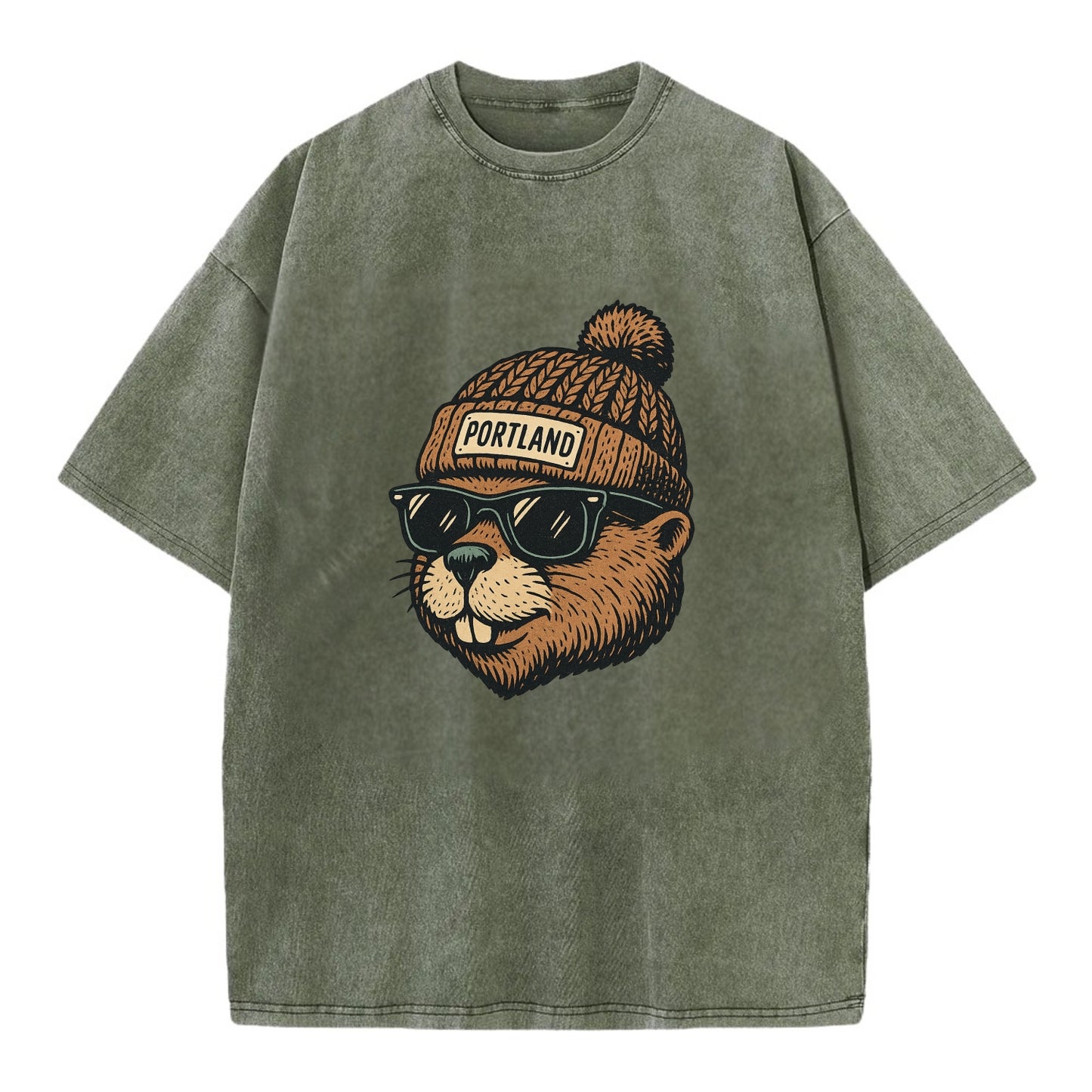 Portland Beaver wearing Portland beanie with pom pom and wayfarer sunglasses - Vintage T-shirt - Army Green