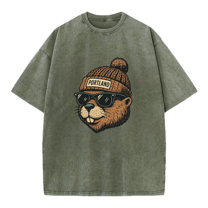Portland Beaver wearing Portland beanie with pom pom and wayfarer sunglasses - Vintage T-shirt - Army Green