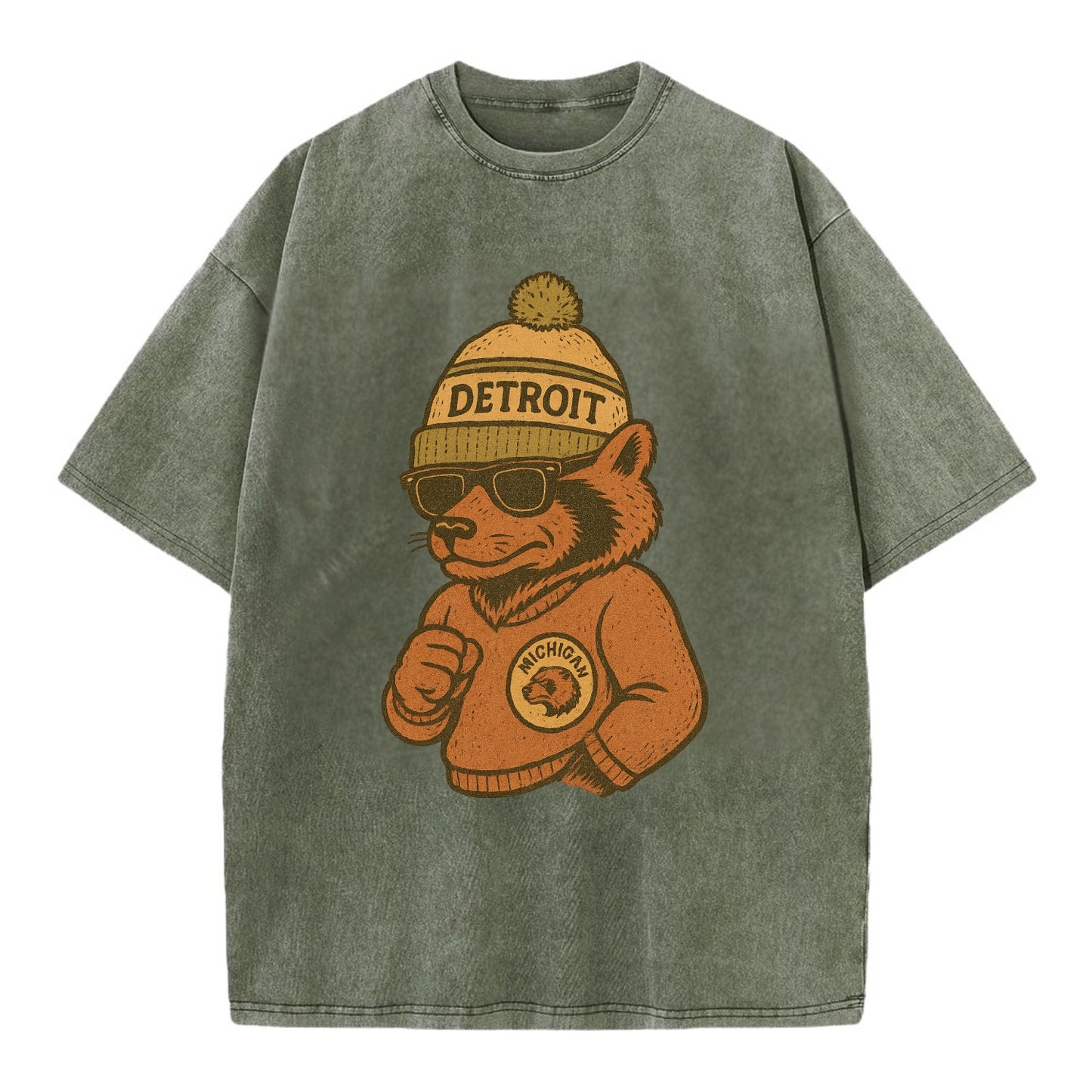 Michigan Wolverine wearing Detroit beanie with pom pom and wayfarer sunglasses - Vintage T-shirt - Army Green