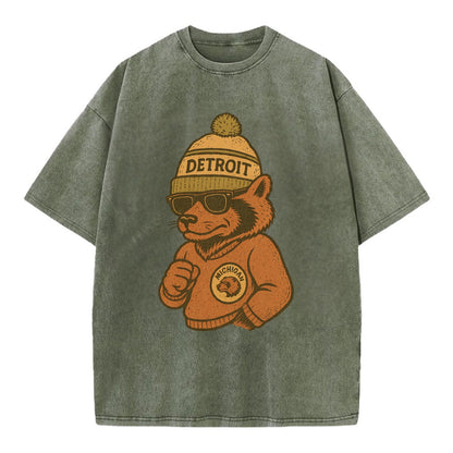 Michigan Wolverine wearing Detroit beanie with pom pom and wayfarer sunglasses - Vintage T-shirt - Army Green