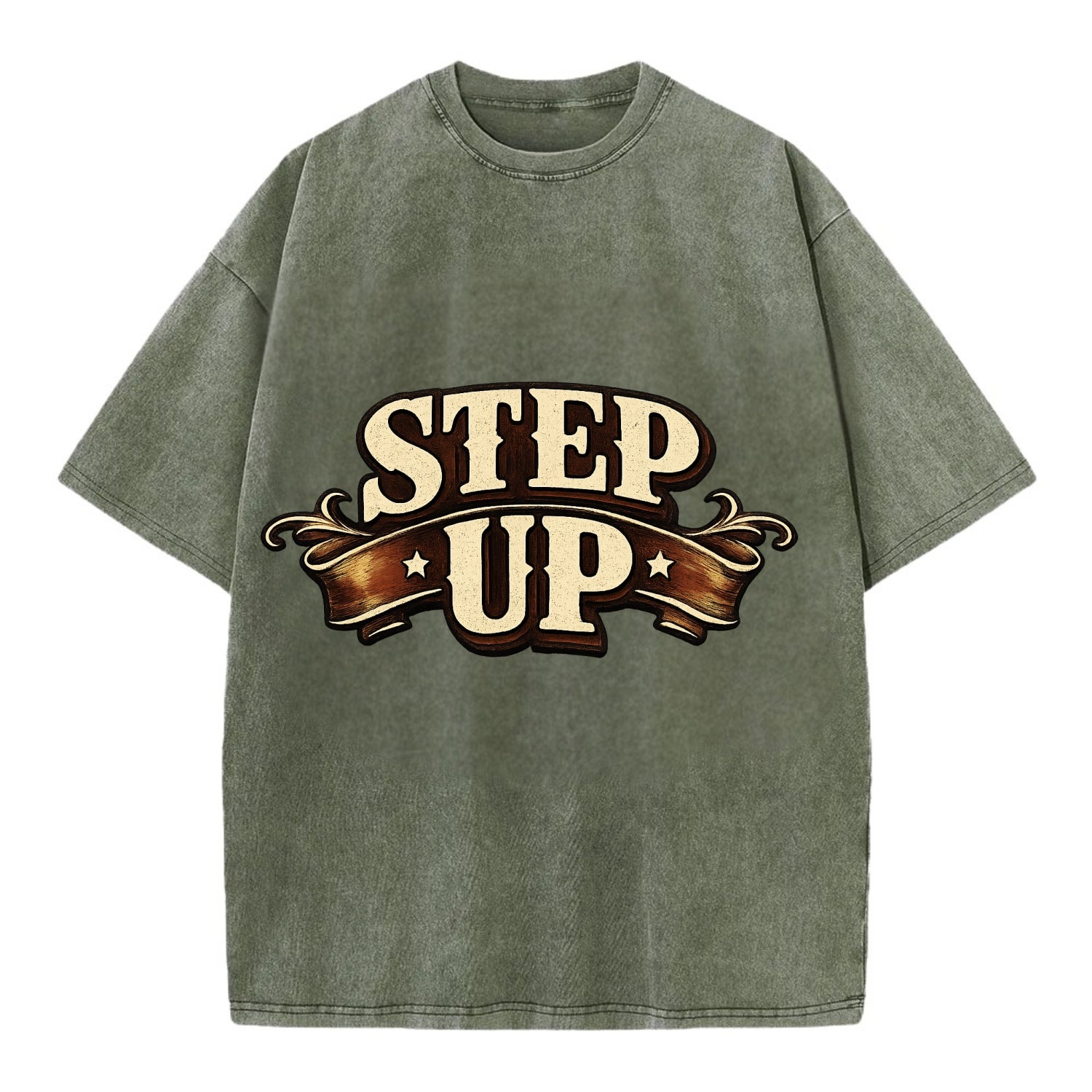 Bold typography design - "STEP UP" - rise to occasion, take charge - Vintage T-shirt - Army Green