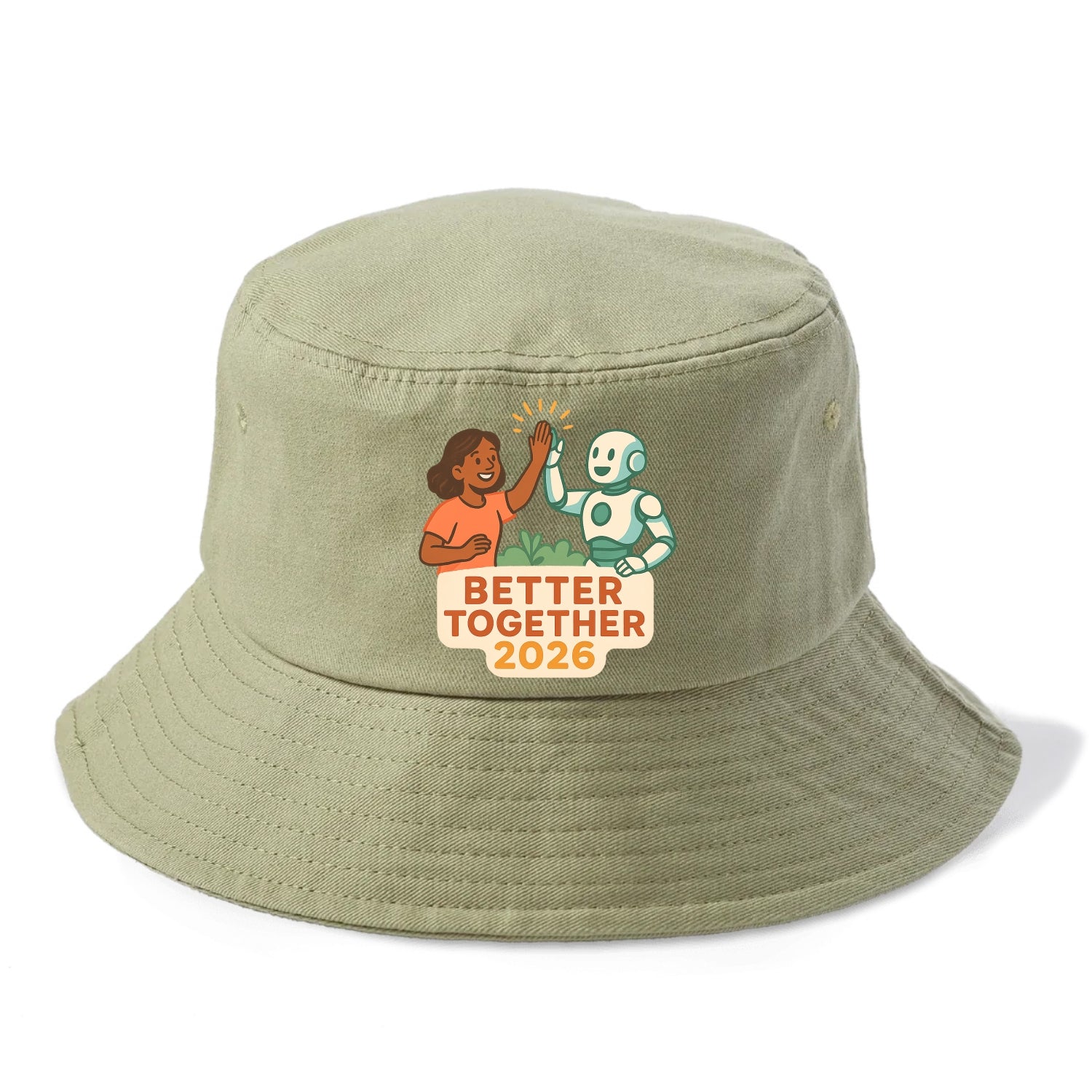 Human and AI robot high-fiving as collaborative partners - "Better Together 2026" - - Bucket Hat - Army Green