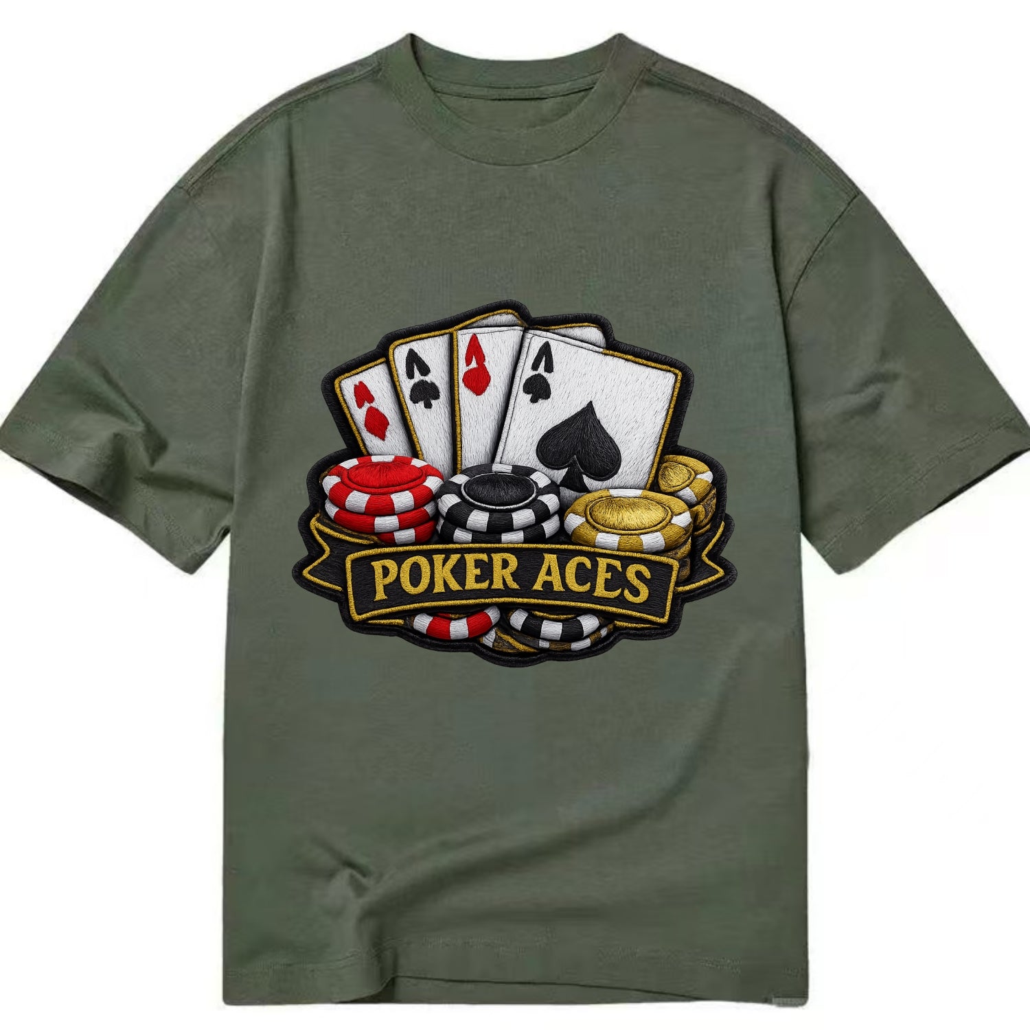 Embroidered patch design - POKER ACES - four aces with chips in red, black and - Classic T-shirt - Army Green