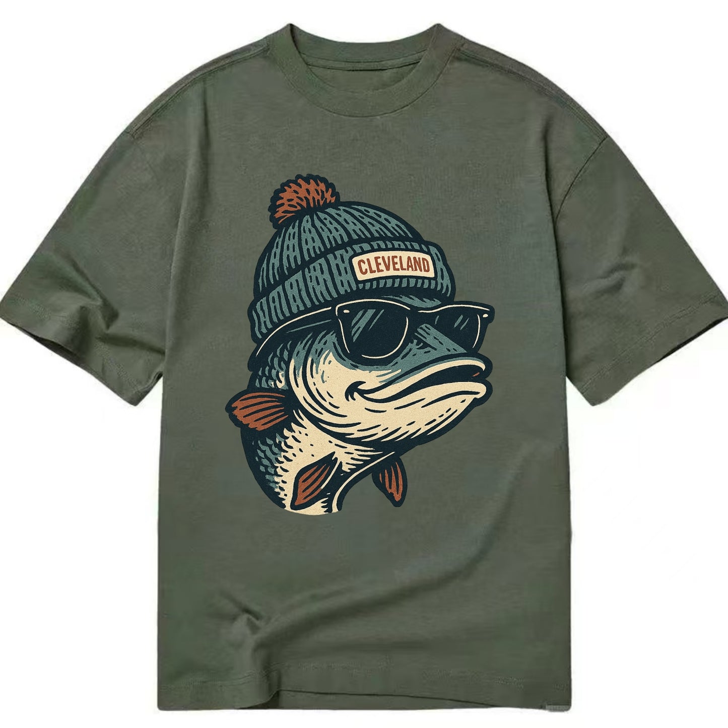 Cleveland Lake Erie Walleye wearing Cleveland beanie with pom pom and wayfarer - Classic T-shirt - Army Green