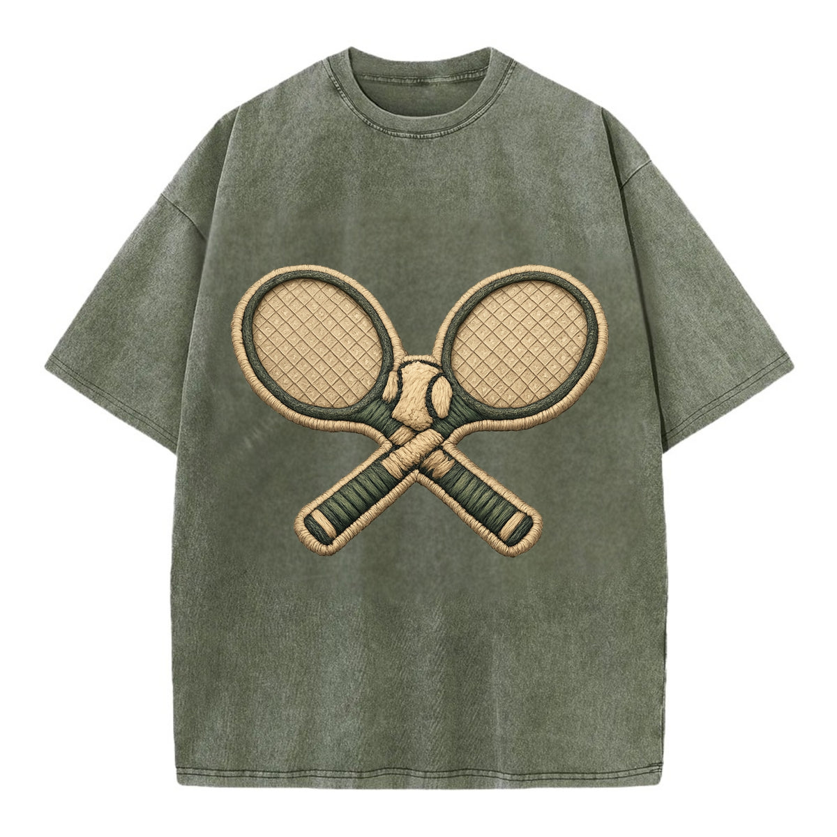 Embroidered patch design - TENNIS RACKET CROSSED - tennis rackets with ball in - Vintage T-shirt - Army Green