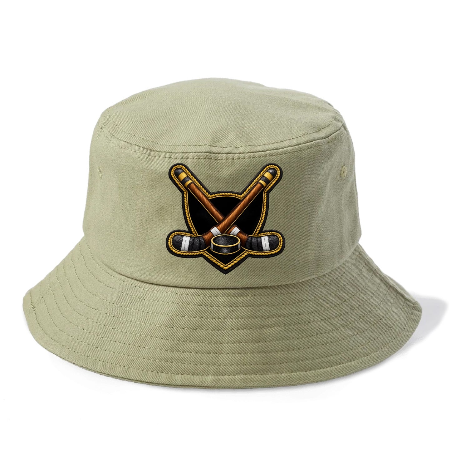 Embroidered patch design - HOCKEY CROSSED STICKS - ice hockey sticks with puck in - Bucket Hat - Army Green