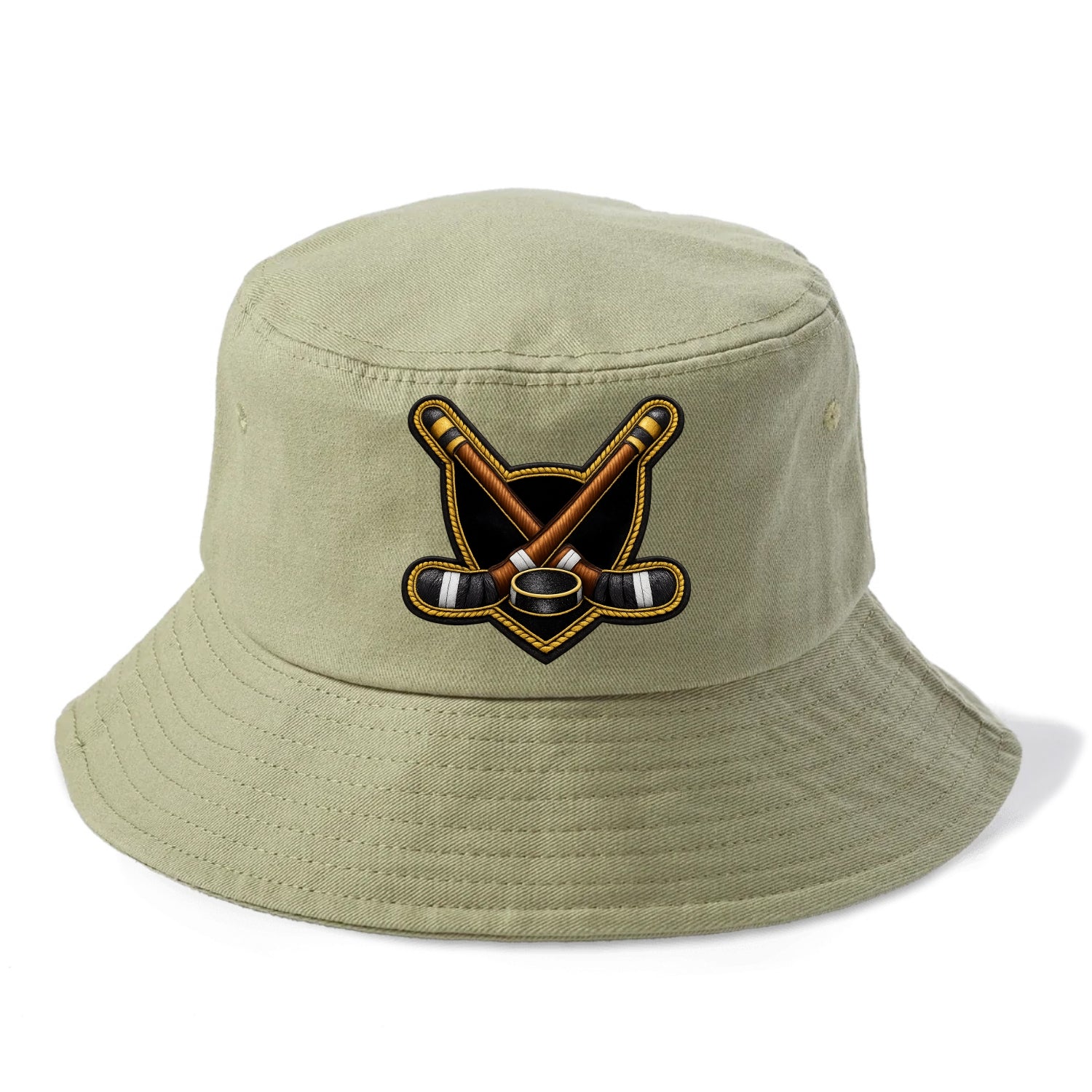 Embroidered patch design - HOCKEY CROSSED STICKS - ice hockey sticks with puck in - Bucket Hat - Army Green