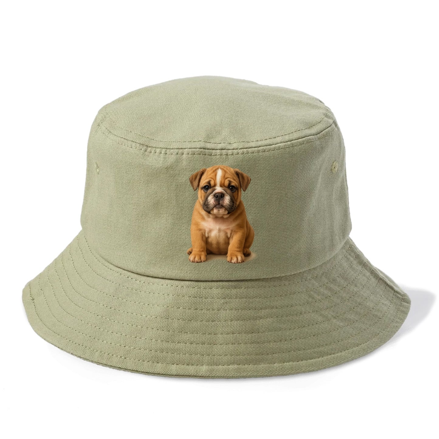 Baby Bulldog Puppy - wrinkly face, underbite, stocky body, gentle eyes, front-facing, - Bucket Hat - Army Green