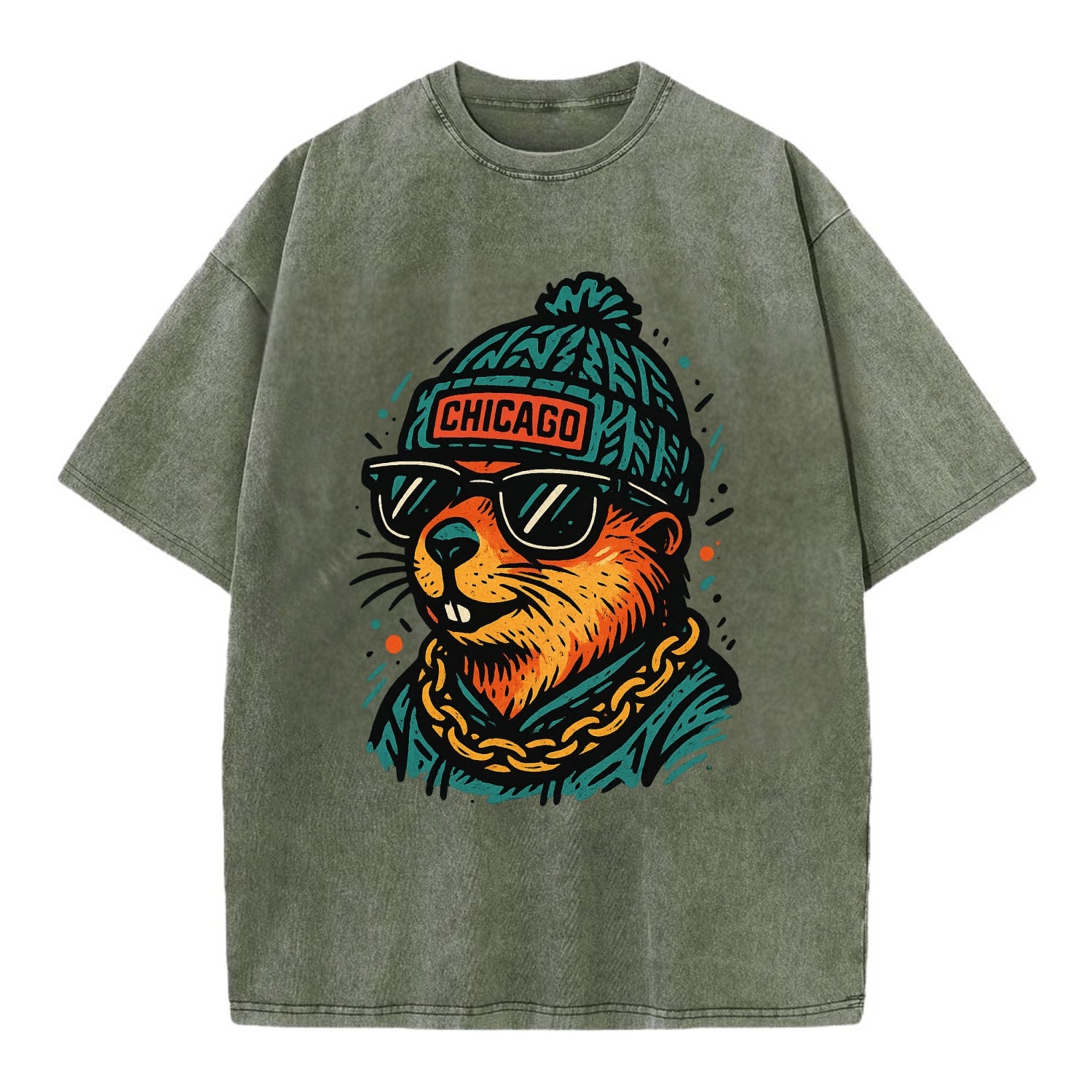Illinois Prairie Dog wearing Chicago beanie with pom pom and wayfarer sunglasses - Vintage T-shirt - Army Green