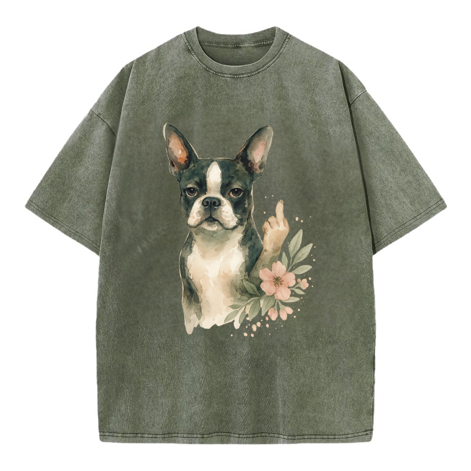 Boston Terrier with tuxedo markings, perky ears, paw up giving sass - Vintage T-shirt - Army Green