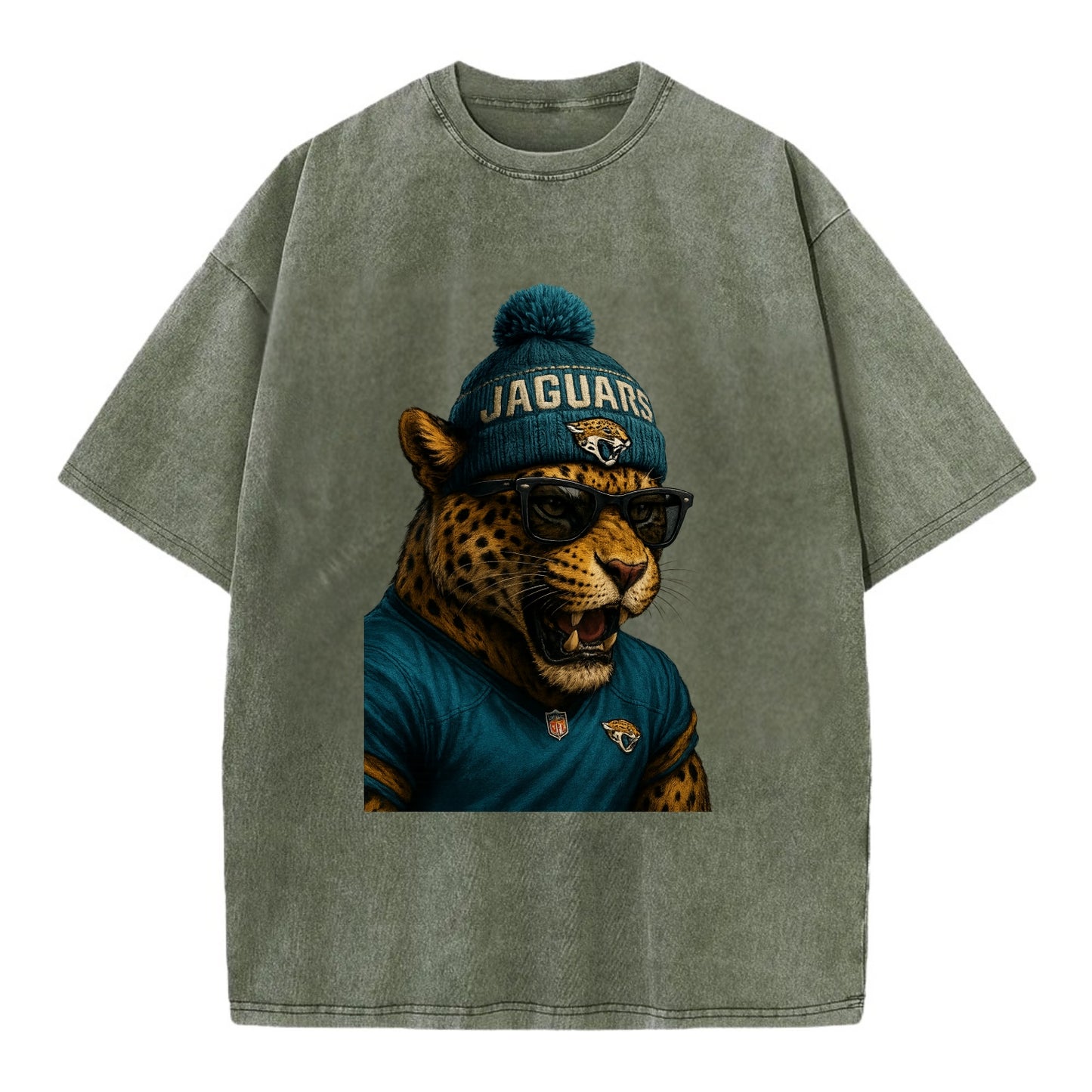 Jacksonville Jaguar wearing Jaguars teal and gold beanie with pom pom and - Vintage T-shirt - Army Green