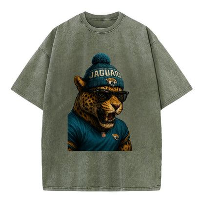 Jacksonville Jaguar wearing Jaguars teal and gold beanie with pom pom and - Vintage T-shirt - Army Green