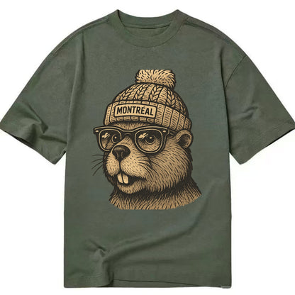 Montreal Beaver wearing Montreal beanie with pom pom and wayfarer sunglasses - Classic T-shirt - Army Green