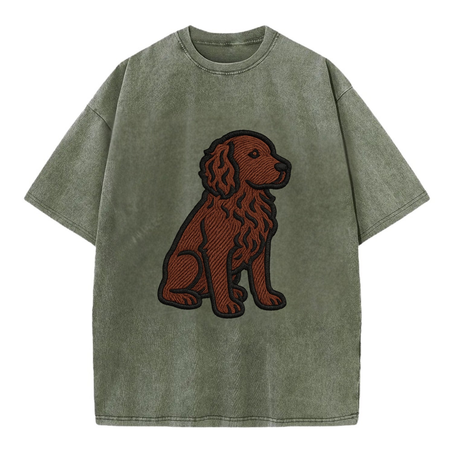 Boykin Spaniel - Rich chocolate brown wavy coat embroidered sitting pose - Vintage T-shirt - Army Green