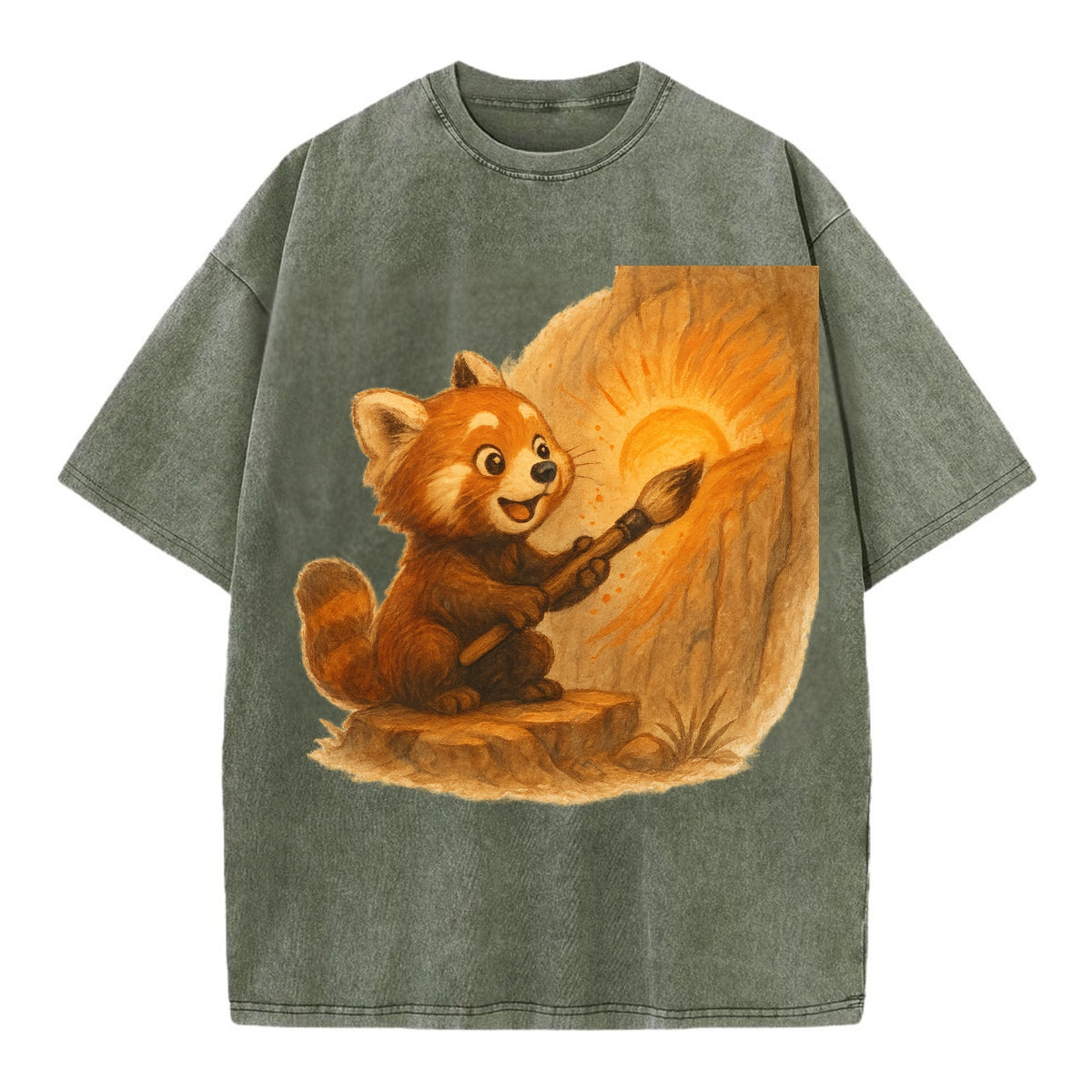 Red panda painting a sunrise mural with an oversized calligraphy brush on a cliff - Vintage T-shirt - Army Green