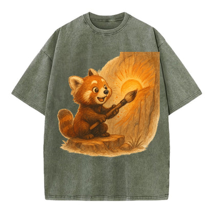 Red panda painting a sunrise mural with an oversized calligraphy brush on a cliff - Vintage T-shirt - Army Green