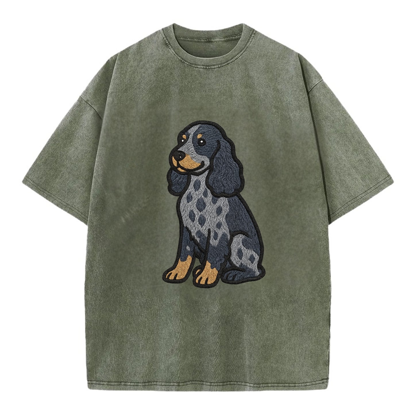 English Cocker Spaniel - Blue roan embroidered sitting pose - Vintage T-shirt - Army Green