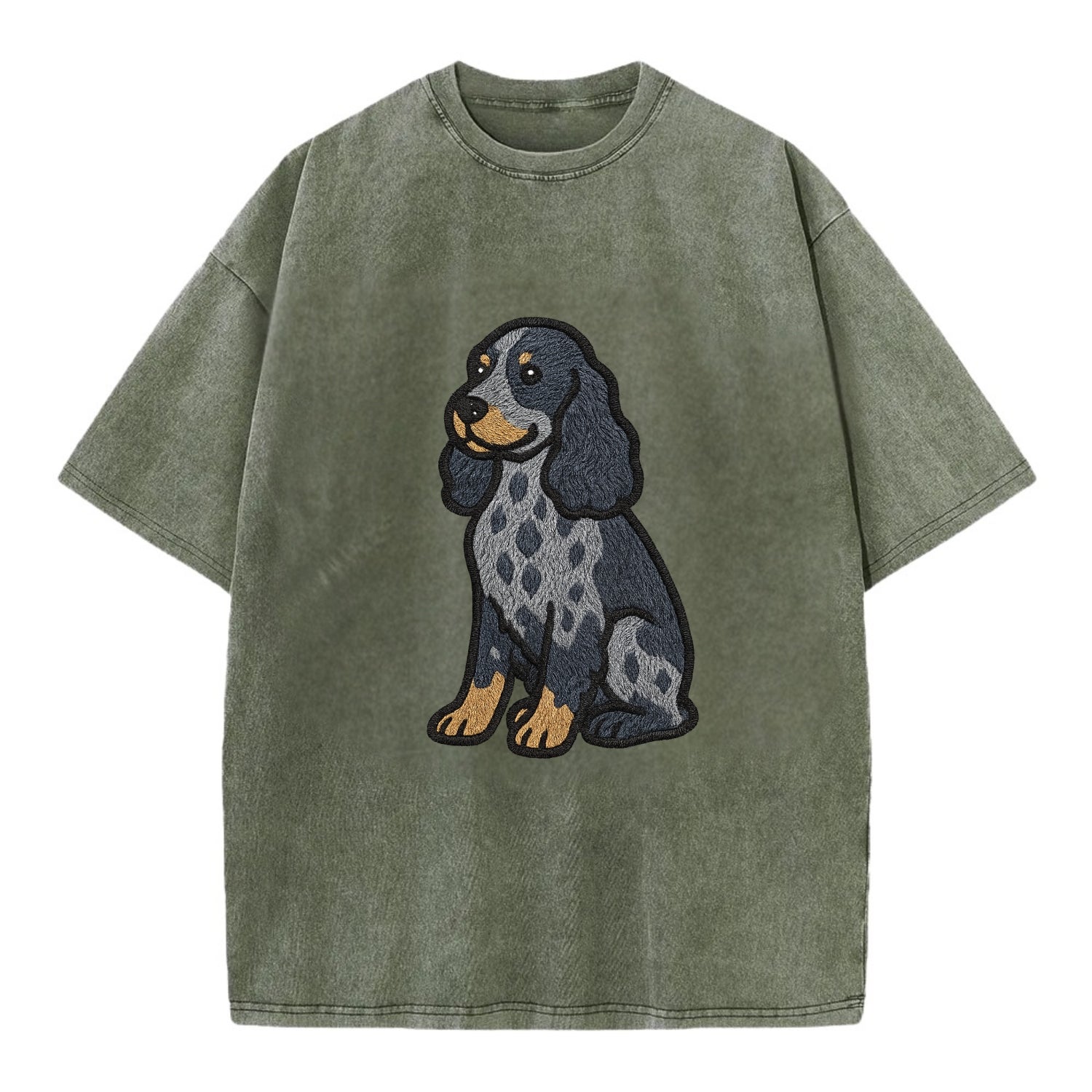 English Cocker Spaniel - Blue roan embroidered sitting pose - Vintage T-shirt - Army Green