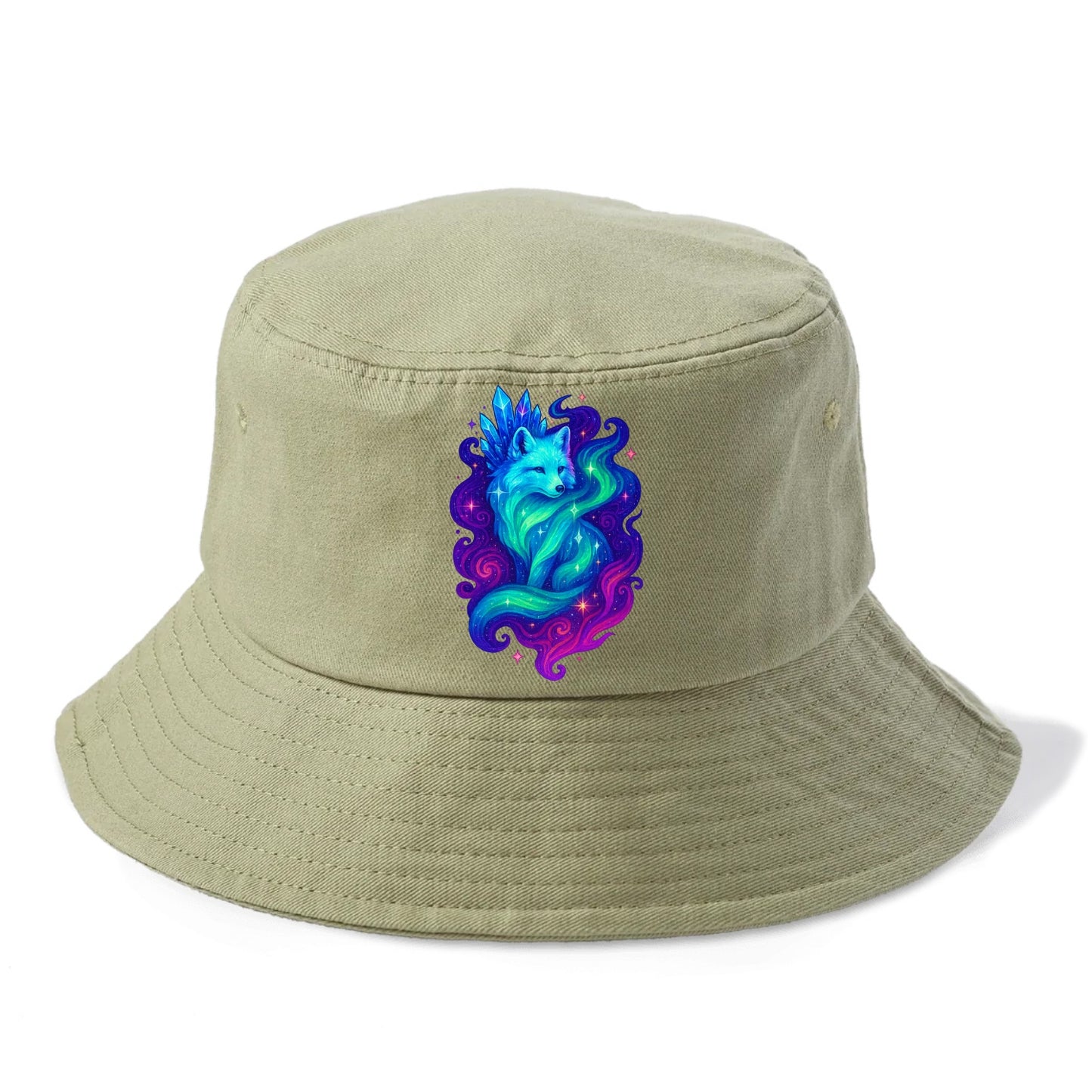Ethereal arctic fox with fur that transforms into crystal formations, northern lights - Bucket Hat - Army Green