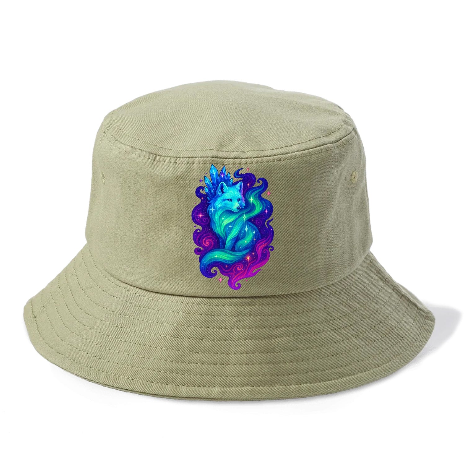 Ethereal arctic fox with fur that transforms into crystal formations, northern lights - Bucket Hat - Army Green