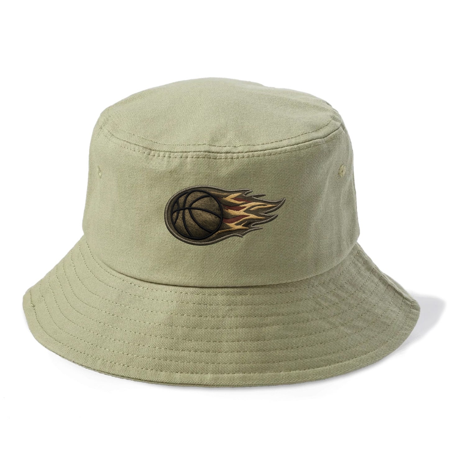 Embroidered patch design - BASKETBALL FLAMING BALL - basketball with flames in orange - Bucket Hat - Army Green