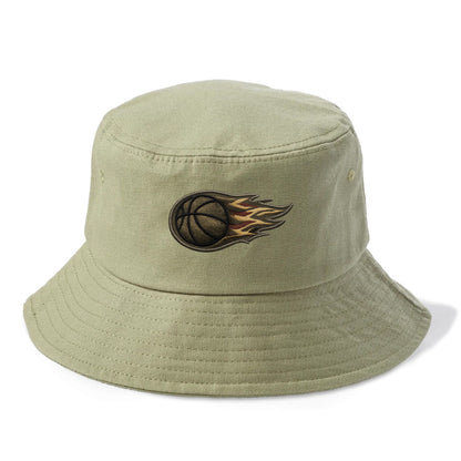 Embroidered patch design - BASKETBALL FLAMING BALL - basketball with flames in orange - Bucket Hat - Army Green