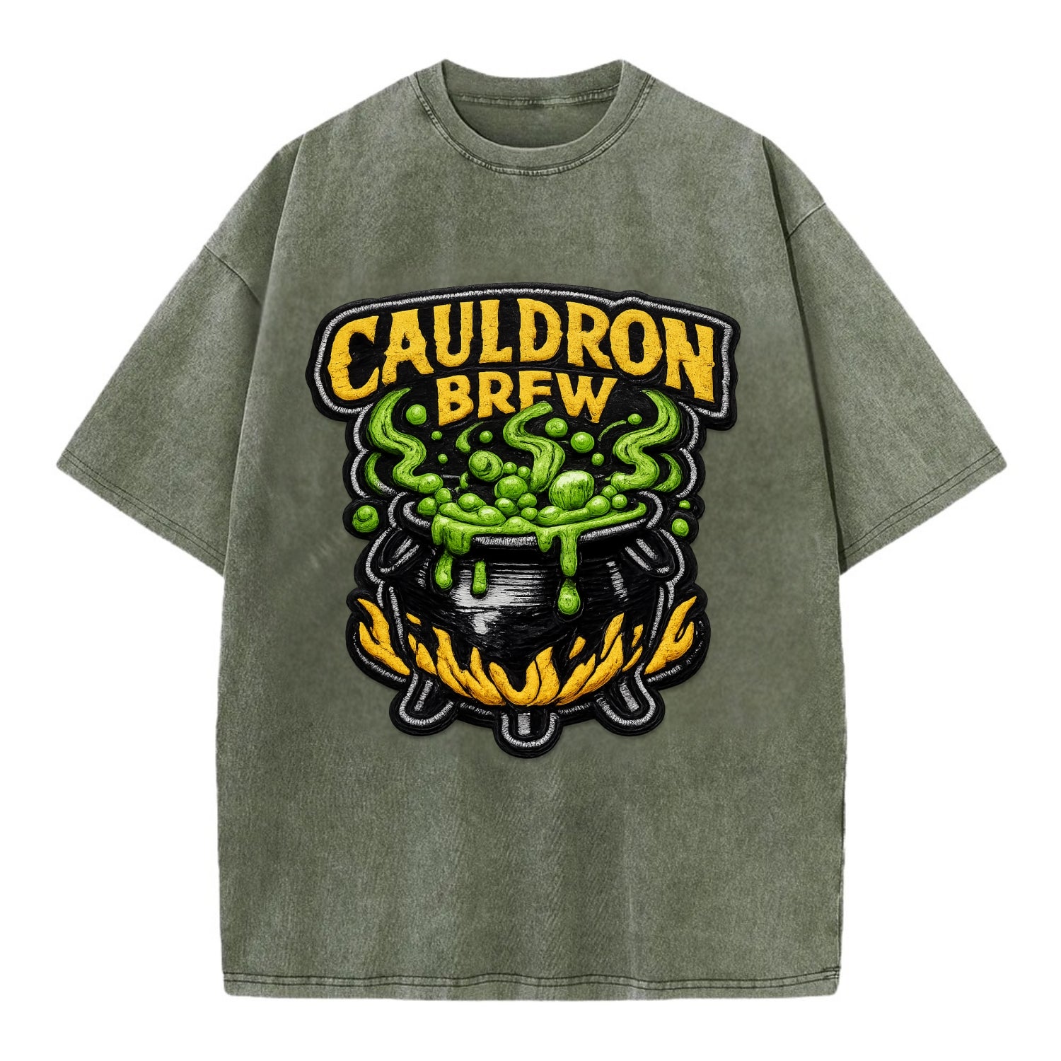 CAULDRON BREW - bubbling pot in black and green , witch craft - Vintage T-shirt - Army Green