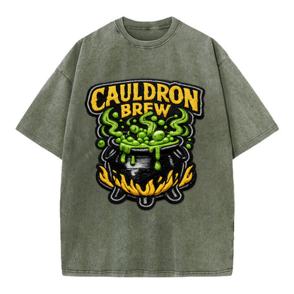 CAULDRON BREW - bubbling pot in black and green , witch craft - Vintage T-shirt - Army Green