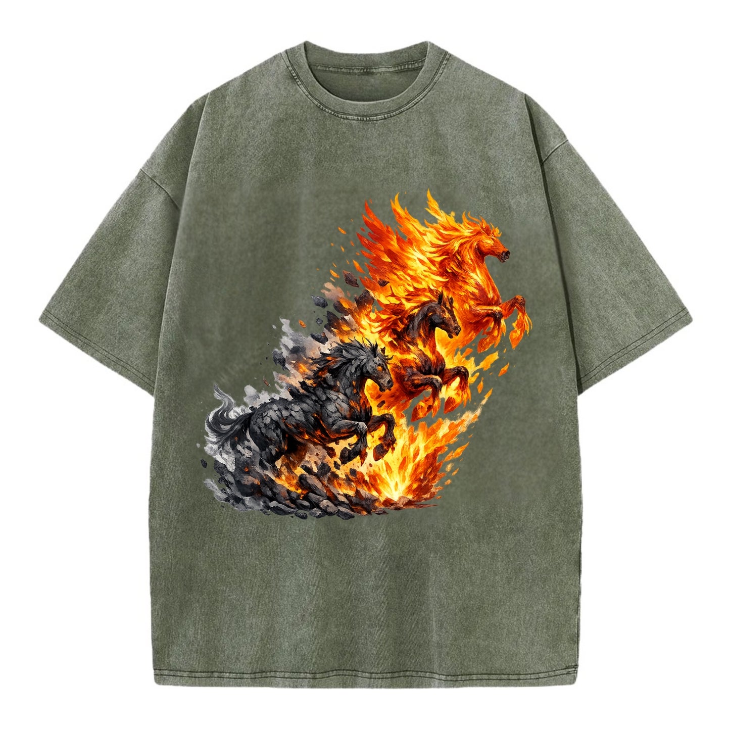 INFERNO STALLION | Horse made entirely of living flames | Blazing mane and tail | - Vintage T-shirt - Army Green
