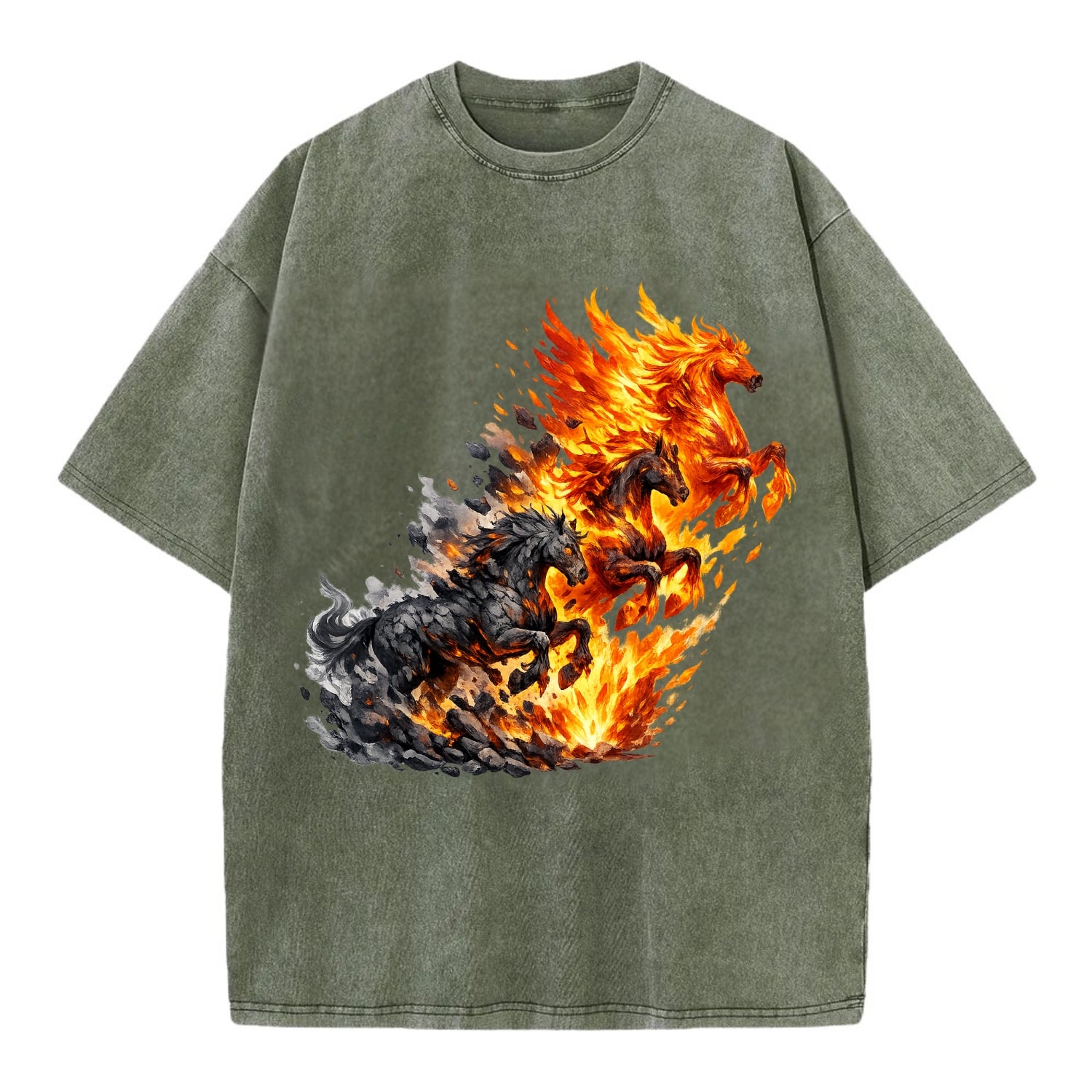 INFERNO STALLION | Horse made entirely of living flames | Blazing mane and tail | - Vintage T-shirt - Army Green