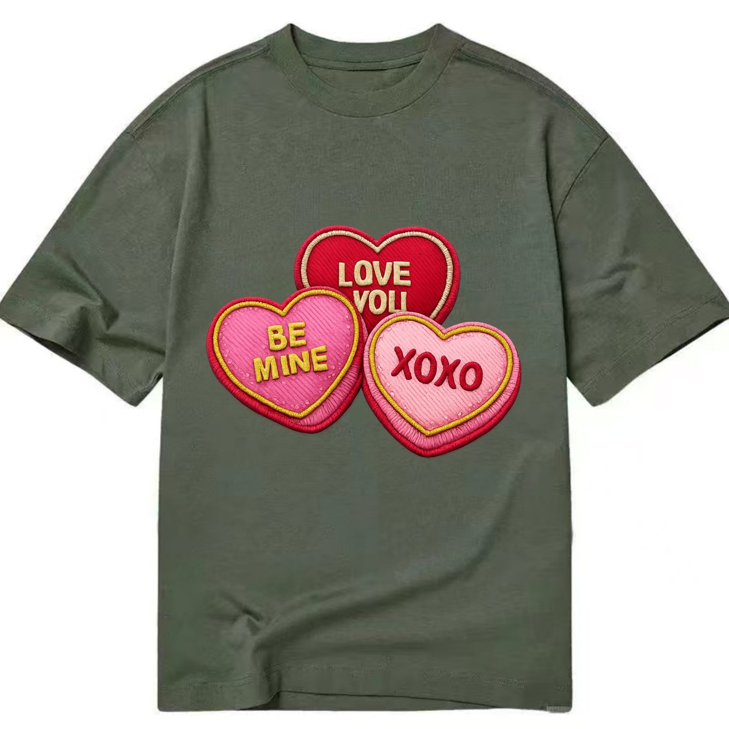 VALENTINES HEARTS - candy hearts in pink and red , love day - Classic T-shirt - Army Green
